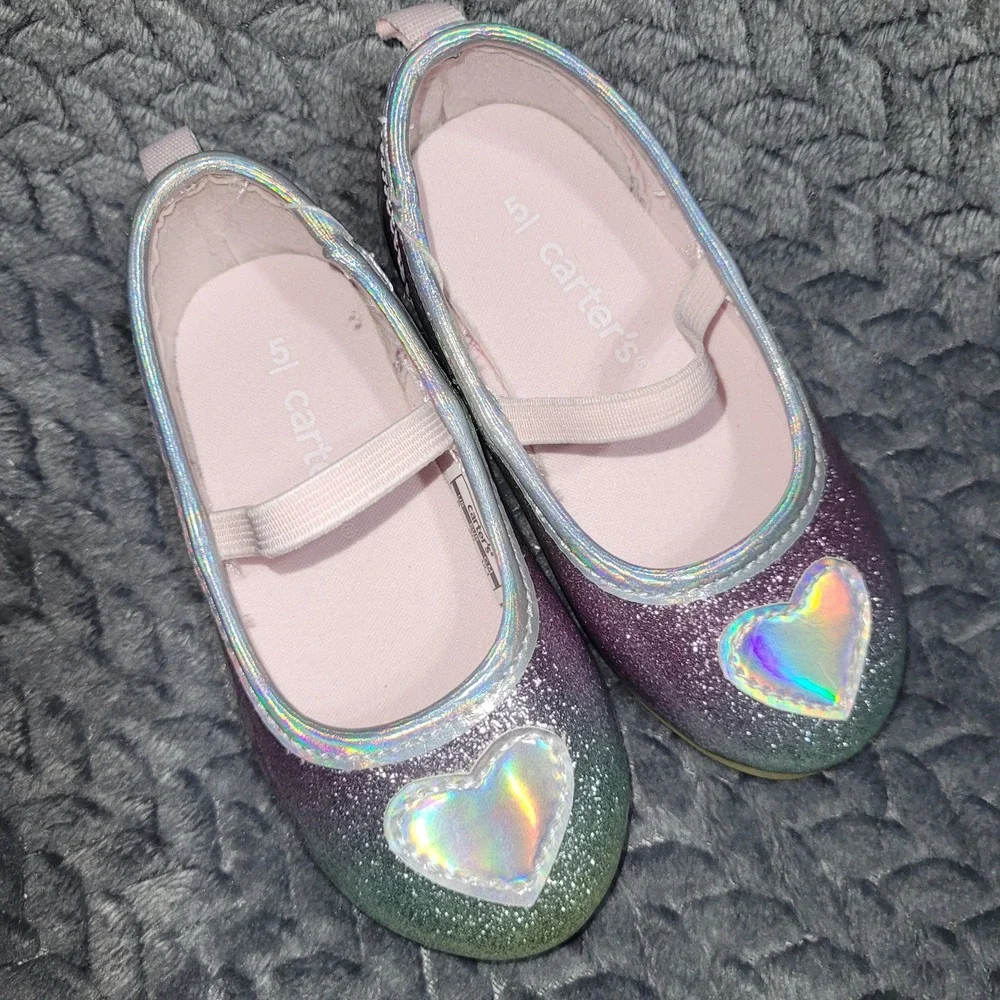 Carters Lula Rainbow Glitter Ballet Flats‎ Pink Silver Holographic Heart Size 5